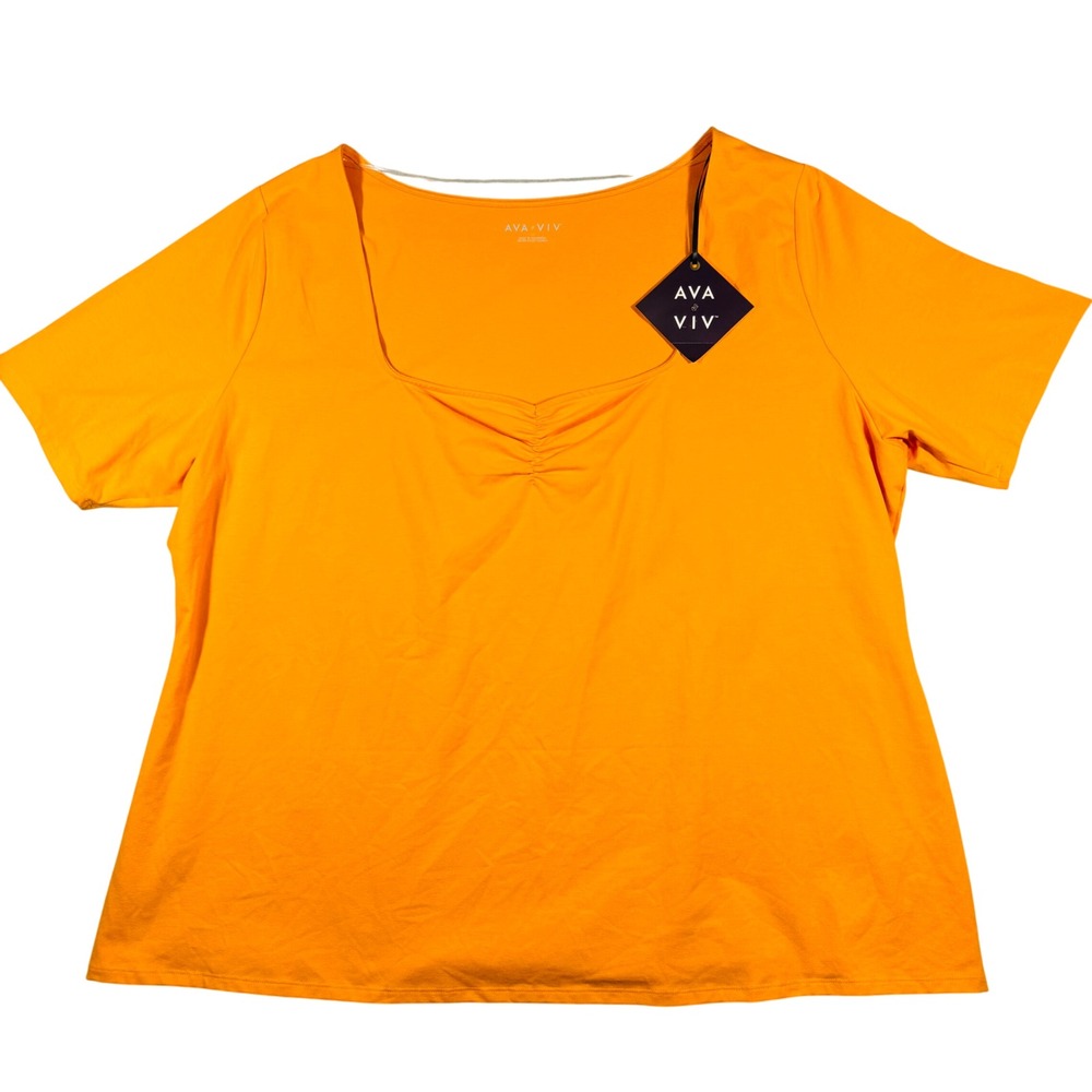 Ava & Viv Short Sleeve Top‎ Womens 4X Orange Ruched Square Neck Tee